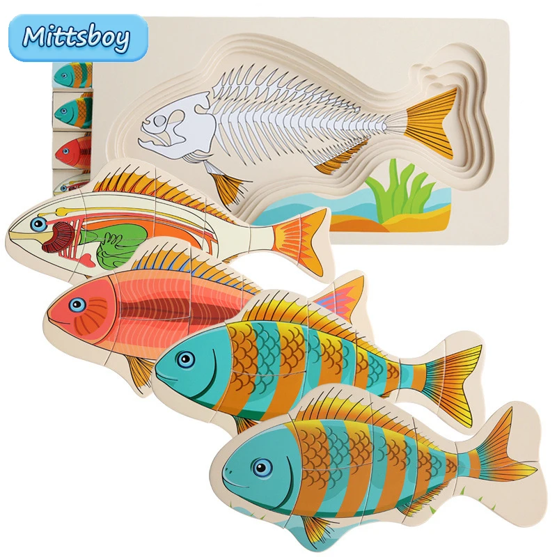 

Montessori Wooden Toy 3D Stereoscopic Animal Fish Cognitive Puzzle Early Education Puzzles Enlightenment Toys For Children Gifts