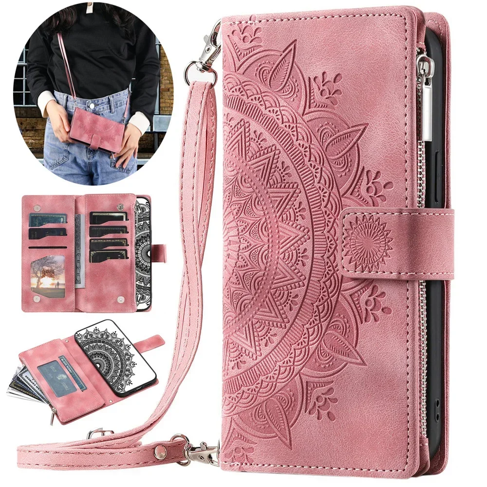 Luxurious Zipper Leather Book Case - Crossbody Wallet Flip Cover