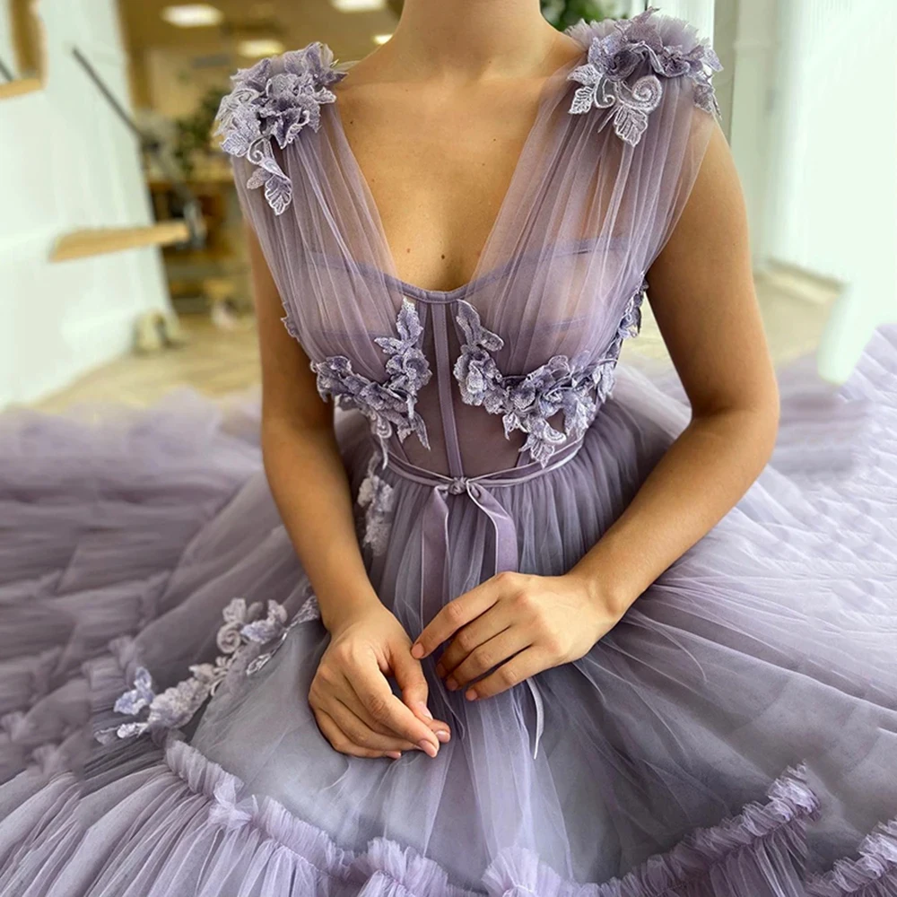 

KSDN V-Neck Purple Organza Sleeveless Appliques Draped A-Line Chic Evenign Dress Formal Prom Party Gown Luxury Tailor-made 2023