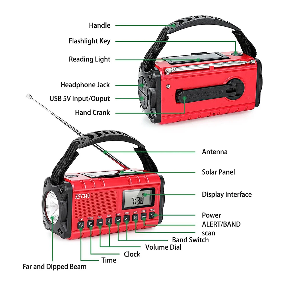 휴대용 핸드 크랭크 태양광 라디오, USB 충전 LED 손전등, 보조배터리 충전식 램프, AM FM NOAA 기상 라디오, 10000mAh