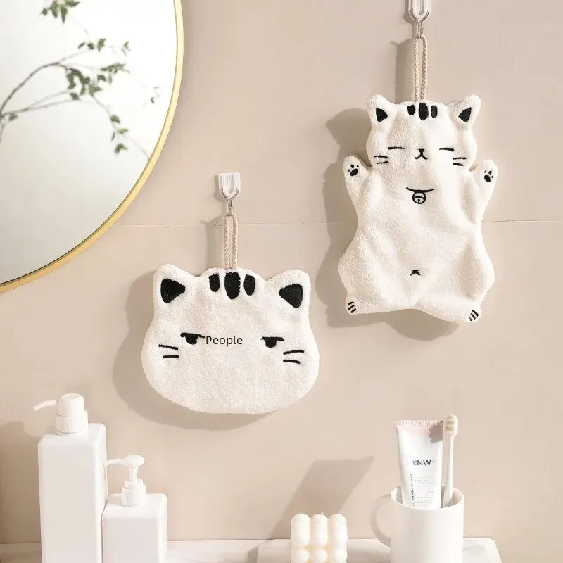 Hand Towels Absorbent Cute Cat Towel Bathroom Kitchen Hanging Non-shedding Pink Velvet Small Towel Hand Wiping Hand