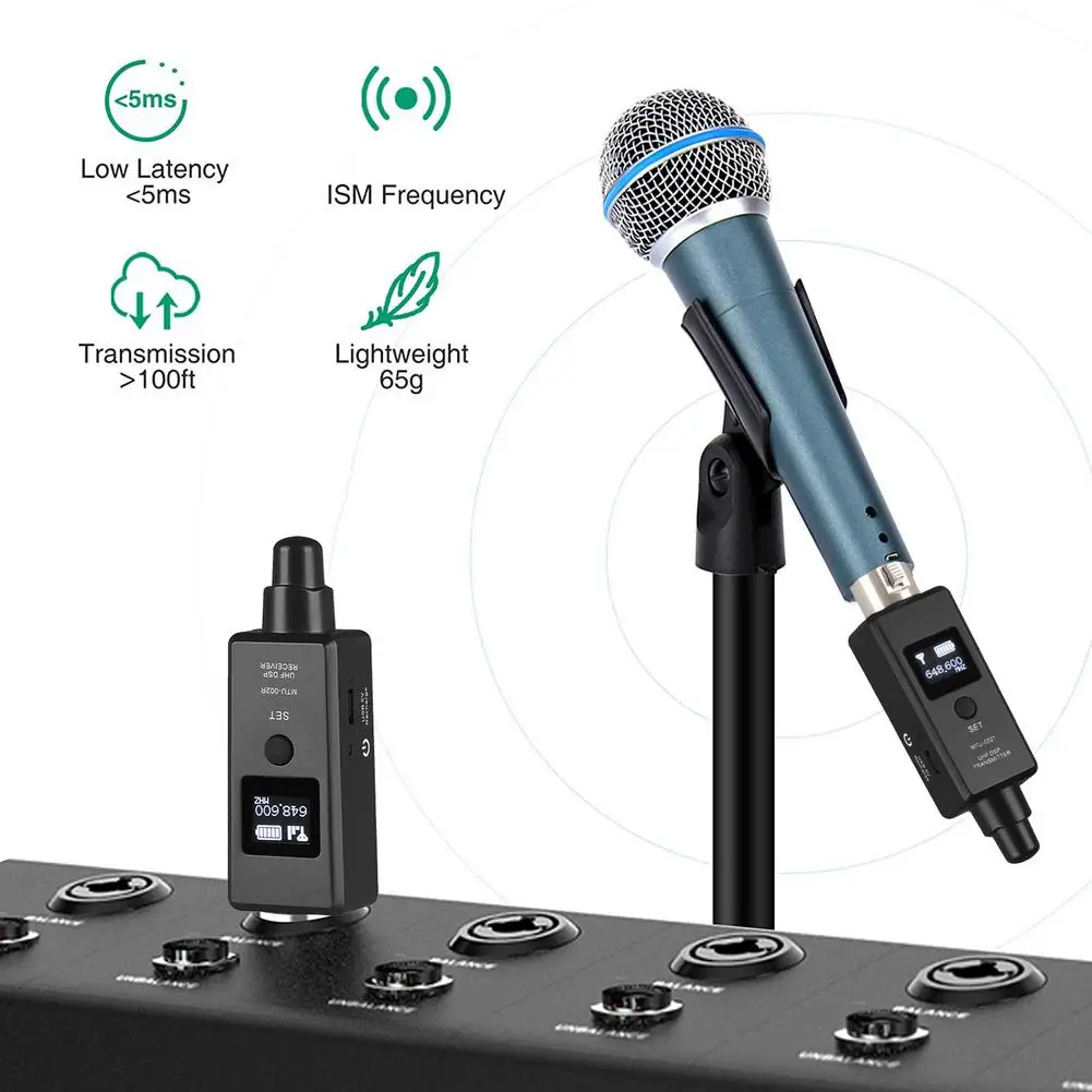 

UHF Microphone Wireless Transmitter Receiver Guitar Audio Transmission System XLR Connection Built-in Rechargeable Battery