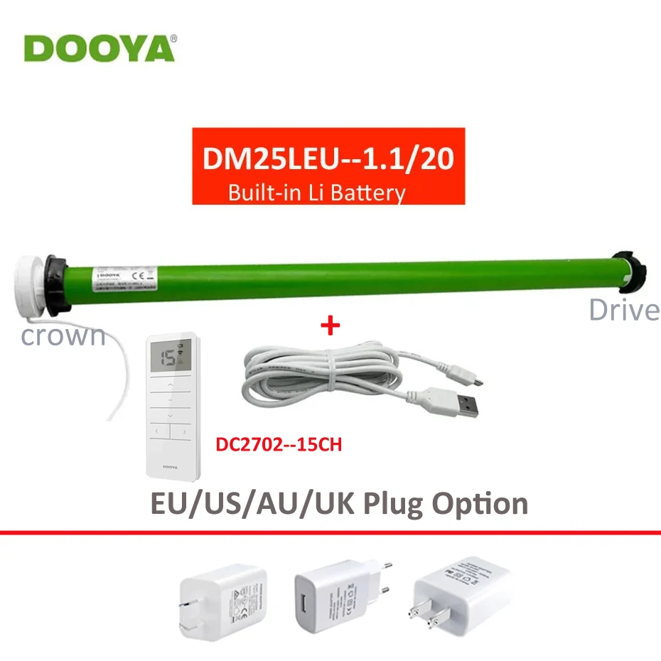 

Dooya DM25LEU EU/US/AU/UK Plug Tubular Motor Lithium Battery,Built-in Receiver,RF433 Remote Control 38mm Tube for Rolling Blind