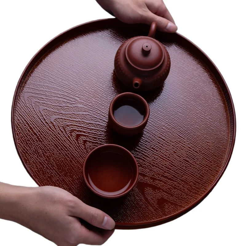 *Round Tea Tray Household Wood Grain Water Cup Tray Household Fruit
