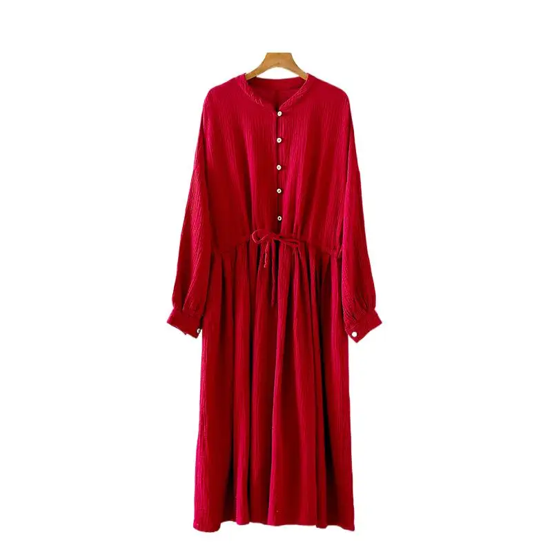 

Spring Autunm women casual cotton linen dress Oversize Chinese style stand collor Buttons lace up long dress gothic clothes