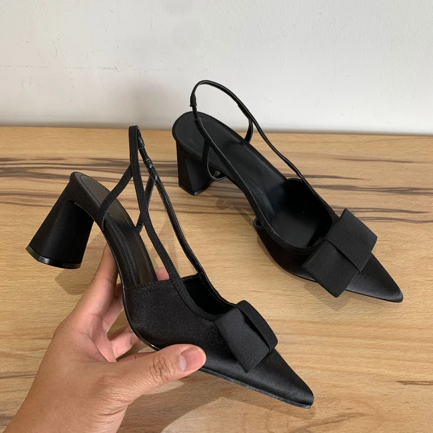 Black Pointed Toe High Heel Women Fashion Bow Elegant Party Dress Shoes Shallow Designer Square Heels Slingback Sandals Female