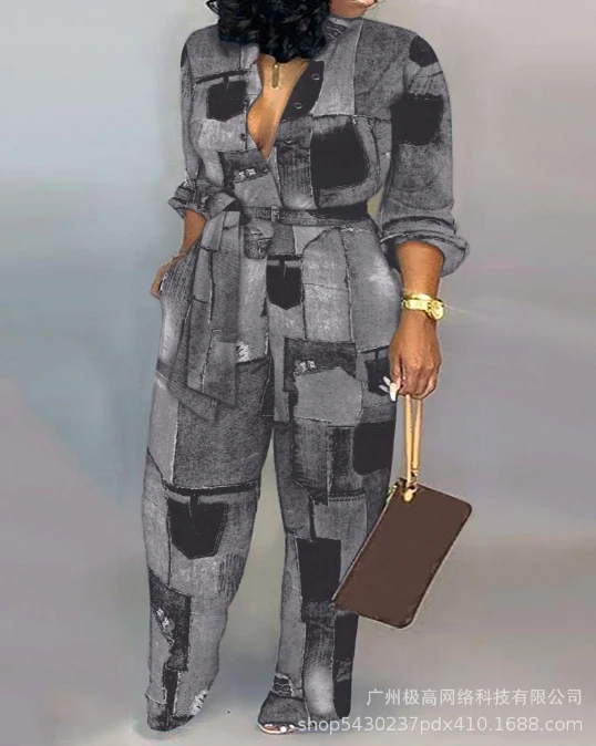 European and American women's 2024 spring/summer new women's casual denim style printed long sleeved strappy jumpsuit