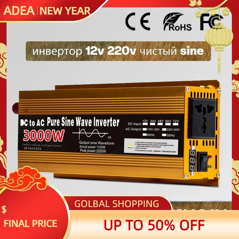 

Inverter 12v 220v Pure Sine Wave 1600W-3000W Transformer Convert Multi-function Socket Converter Car inverter