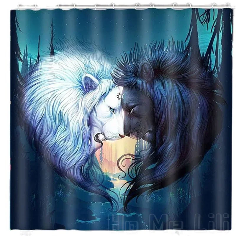 

Занавеска для душа с изображением Льва от Ho Me Lili Psychedelic Forest Wild Animal черный белый Солнце Луна полиэстер для ванной комнаты с крючками