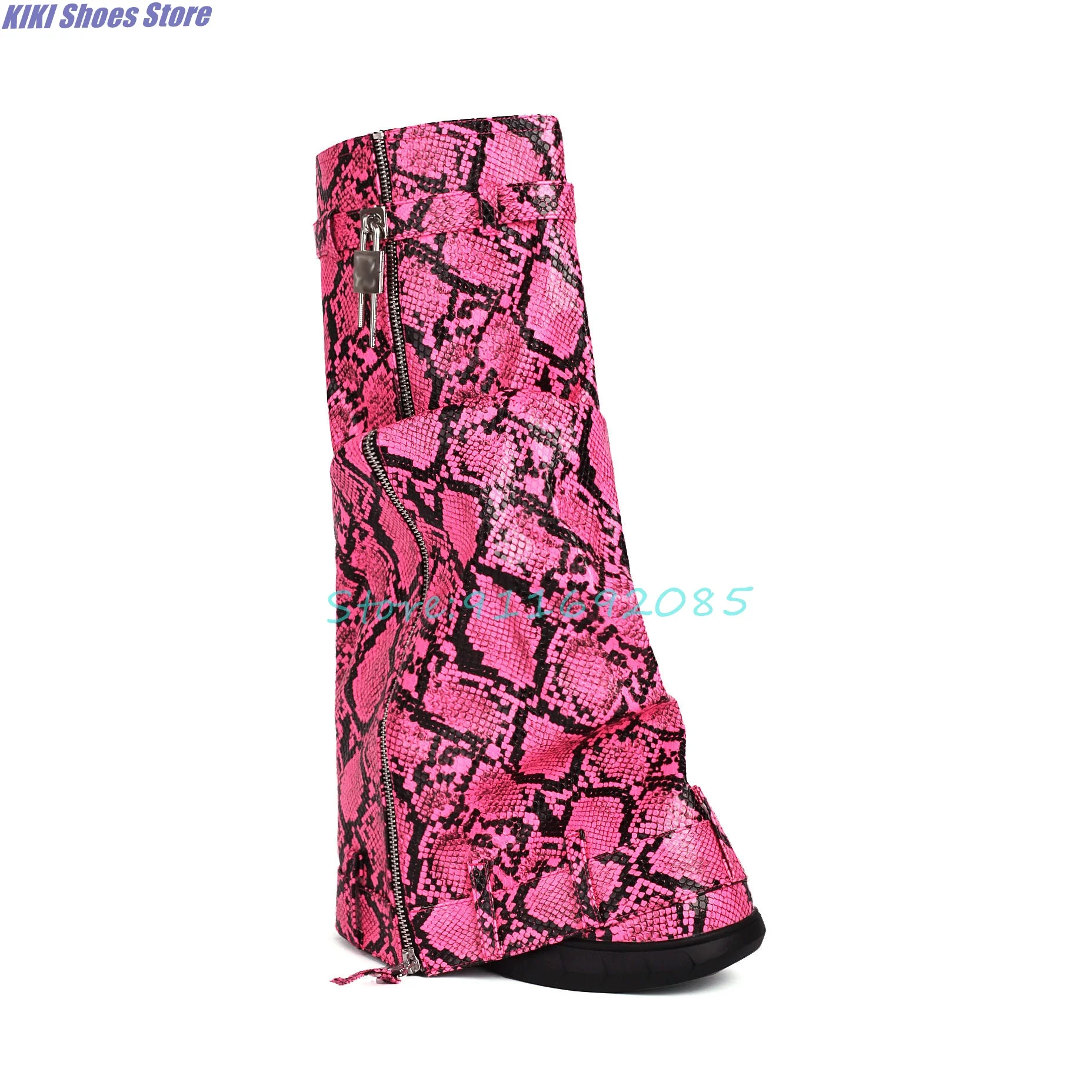 

New wedge heeled platform shark round toe plus-size boots, snake print belt buckle trouser tube boots, high boots zip fashion