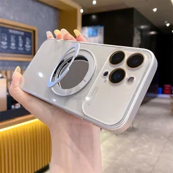 Rotating Magnetic Makeup Mirror Stand Phone Case with Lens Protection and Tempered Glass Back Cover - iPhone 15 (Titanium Silver)