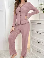 2-Piece Women's Autumn and Winter Pure Color Elegant Bow Women's Simple Long-Sleeved Pants Pajama Set Leisure home clothing - Image 2