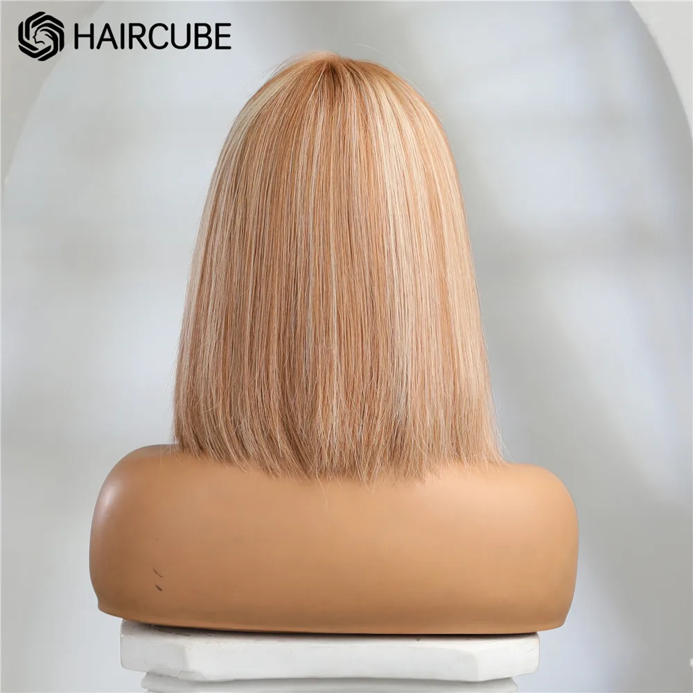 HAIRCUBE 12inch Honey Brown Blonde Highlight Human Hair Wig 13&times;5&times;1 Bob Lace Front Wig Shoulder Long Middle Part Wigs for Women