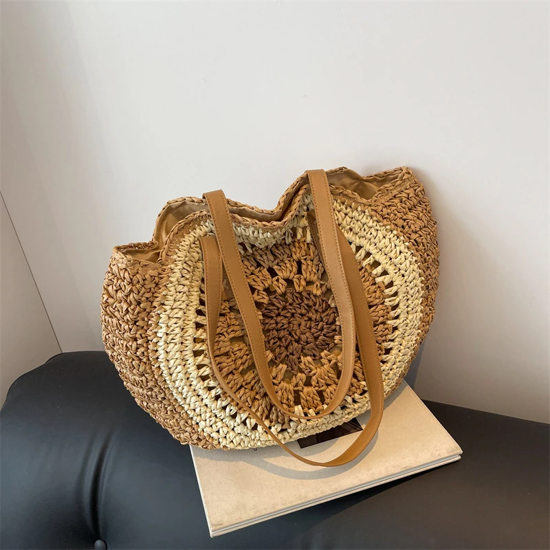 Large Capacity Round Women Fashion Straw Woven Shoulder Bag