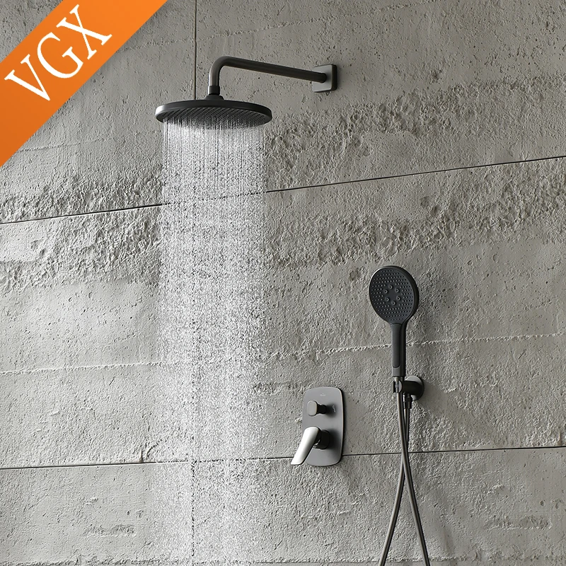 VGX Gold Concealed Shower System Bathroom Shower Faucet Set Embedded Cartridge Faucet Rainfall Shower Mixer Crane Grey Chrome 4