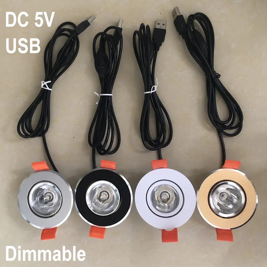 

USB Interface Led Spot Light DC5V With Switch 1W 3W Dimmable Cutout 50mm Recessed Ceiling Downlight Jewelry Cabinet Showcase