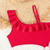 Bikini Girls Kids Swimsuits One Shoulder Ruffles Swimwear Solid Color Backless Bathing Suit 3