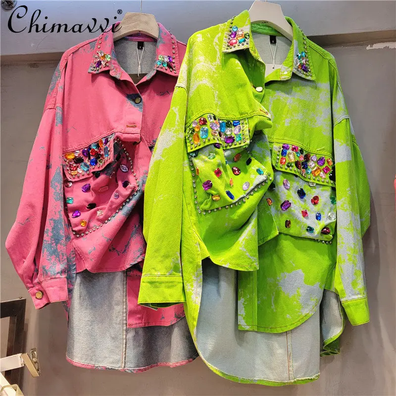 Women's New European Fashion Sweet Pink Denim Shirt Tops Ladies 2023 Spring Elegant Floral-Print Beaded Diamond Blouses Top