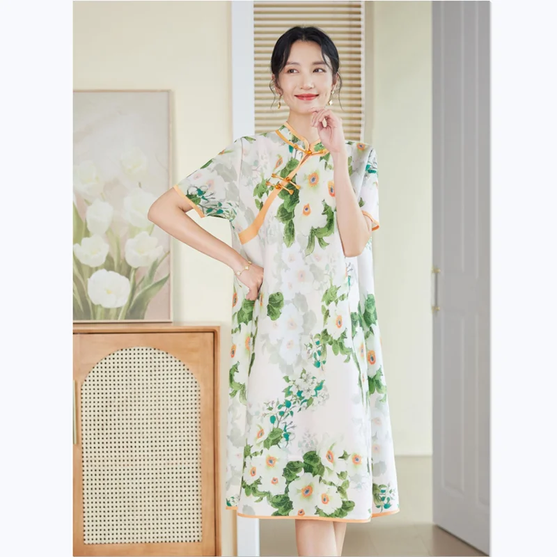 

Женское винтажное платье миаке, свободное плиссированное платье-трапеция до колена с цветочным принтом, воротником-стойкой и коротким рукавом, в китайском стиле, на лето
