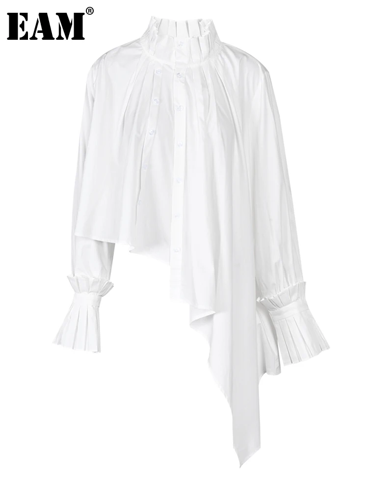 

[EAM] Женская белая плиссированная Асимметричная блузка большого размера, новая рубашка с длинным рукавом и воротником-стойкой, модная весенне-осенняя 2024 1DE395100