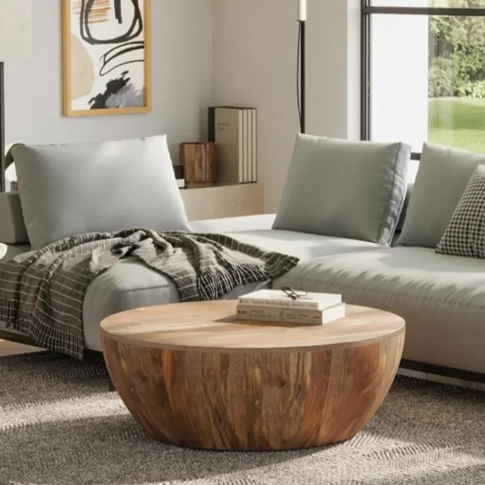 Coffee Table Mango Wood Modern Industrial 34 Inch Round，Fully Assembled, for The Living Room and Family Room Coffee Table