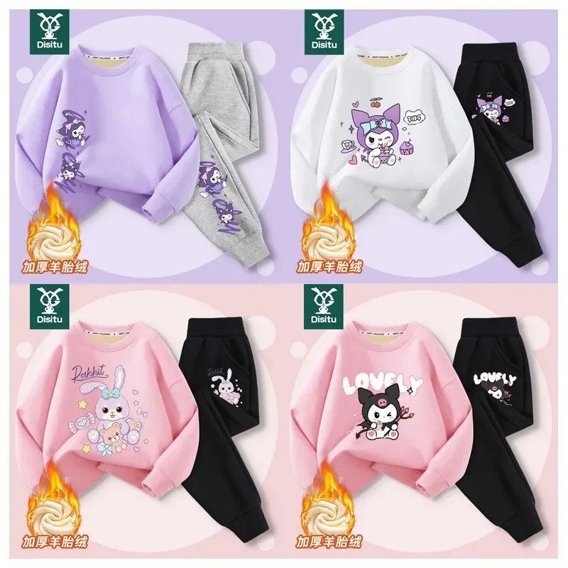 

Anime Sanrioed Kuromi Printed Children Sweet Casual Sportswear Set Kawaii Loose Round Neck Pullover Sweater Pants Kids Clothing
