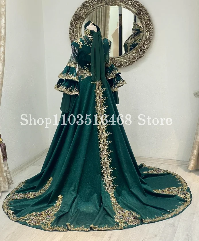 Vestidos de Noche de Oriente Medio verde esmeralda, apliques de lujo bordados con tapeta, manga larga, línea A, marca larga personalizada, Rob