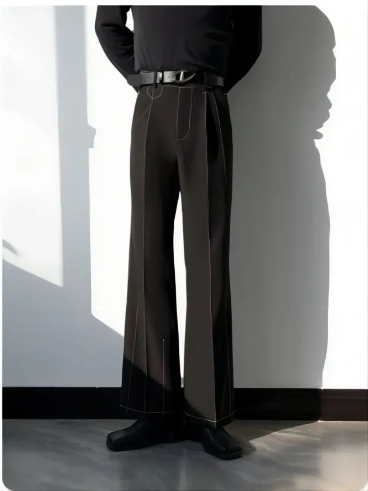 New men's nine point straight leg pants with stitching high-end drape black autumn and winter micro flared suit pants