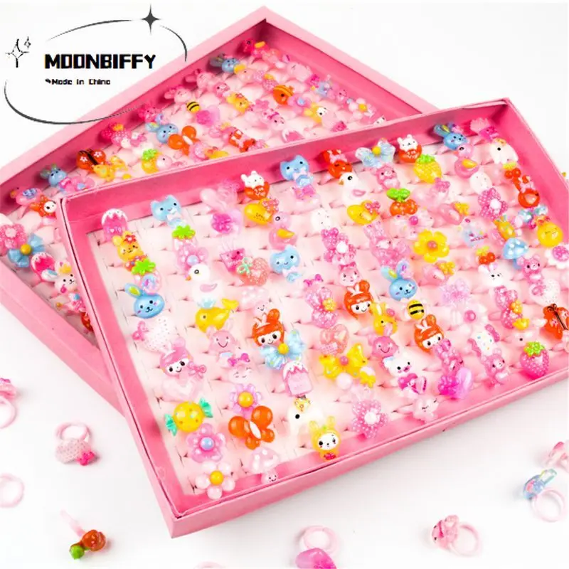 

100pcs/lot Children's Cartoon Rings Candy Flower Animal Bow Shape Ring Set Mix Finger Jewellery Rings Kid Girls Toys princesas