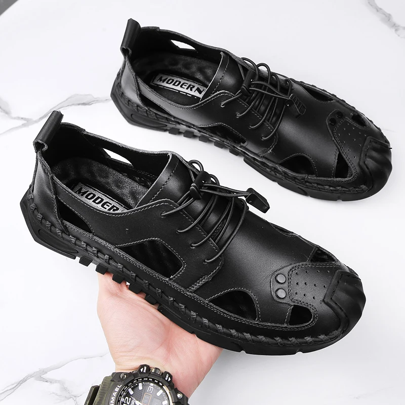British Style Men Genuine Leather Flat Designer Shoes New Summer Breathable Casual Outdoor Walking Shoes Hand Beach Sandals