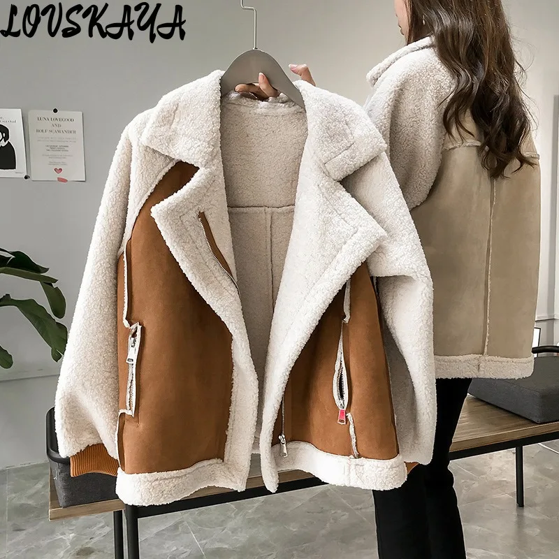 

Short Lamb Fleece Motorcycle jacket for winter wear new loose fur integrated suede jacket for women