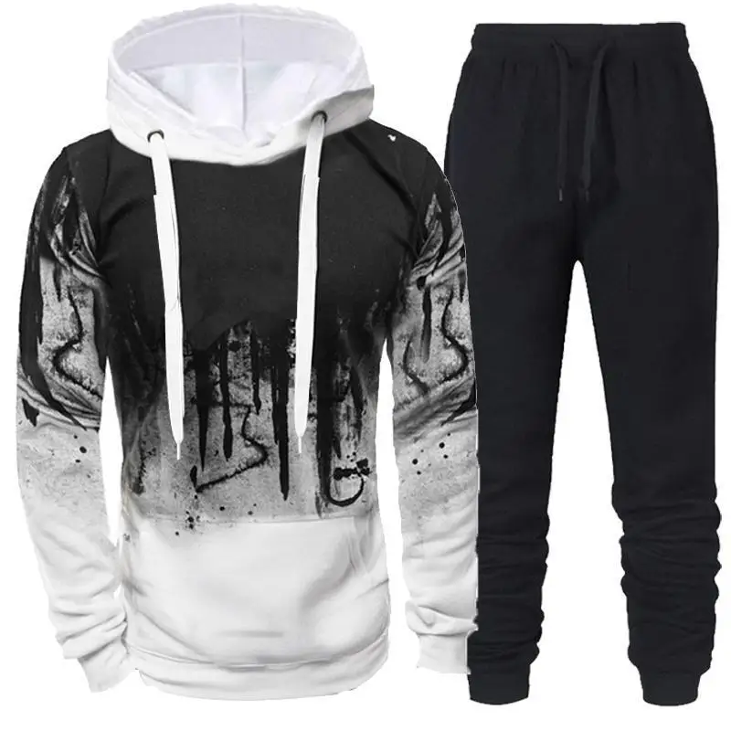 Men's Hoodie Set Europe and The United States Large Size Pullover Hoodie Splash-Ink Printing Trend Long-Sleeved Hoodie Men 2023 europe and the united states new men s hoodie arctic fleece hooded tribal print autumn and winter hoodie