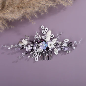 Trendy Women Flower Hair Comb Pearl Crystal Wedding Hair Accessories Rhinestone Handmade Bridal Headpiece Party Hair Ornaments