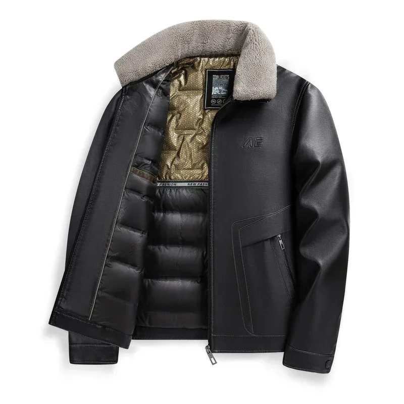 thumbnail image 1 of Chaqueta de invierno para hombre, chaqueta de cuero, forro de plumón de pato, abrigo calefaccionado, resistente al viento, ropa de diseñador, ligera, rellena y gruesa, 1 of 5