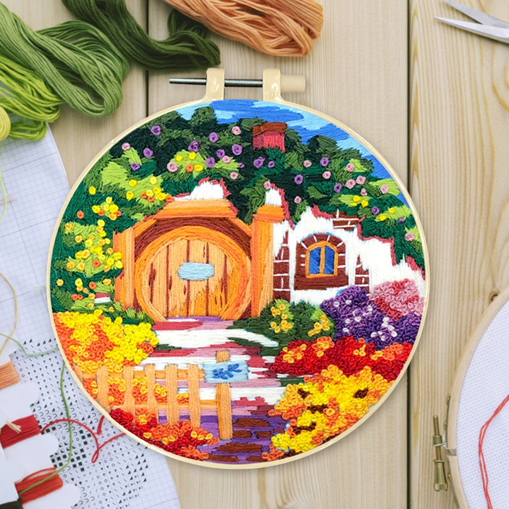 Landscape Stamped Cross Stitch Embroidery Kits Hoop Cloth Color Thread