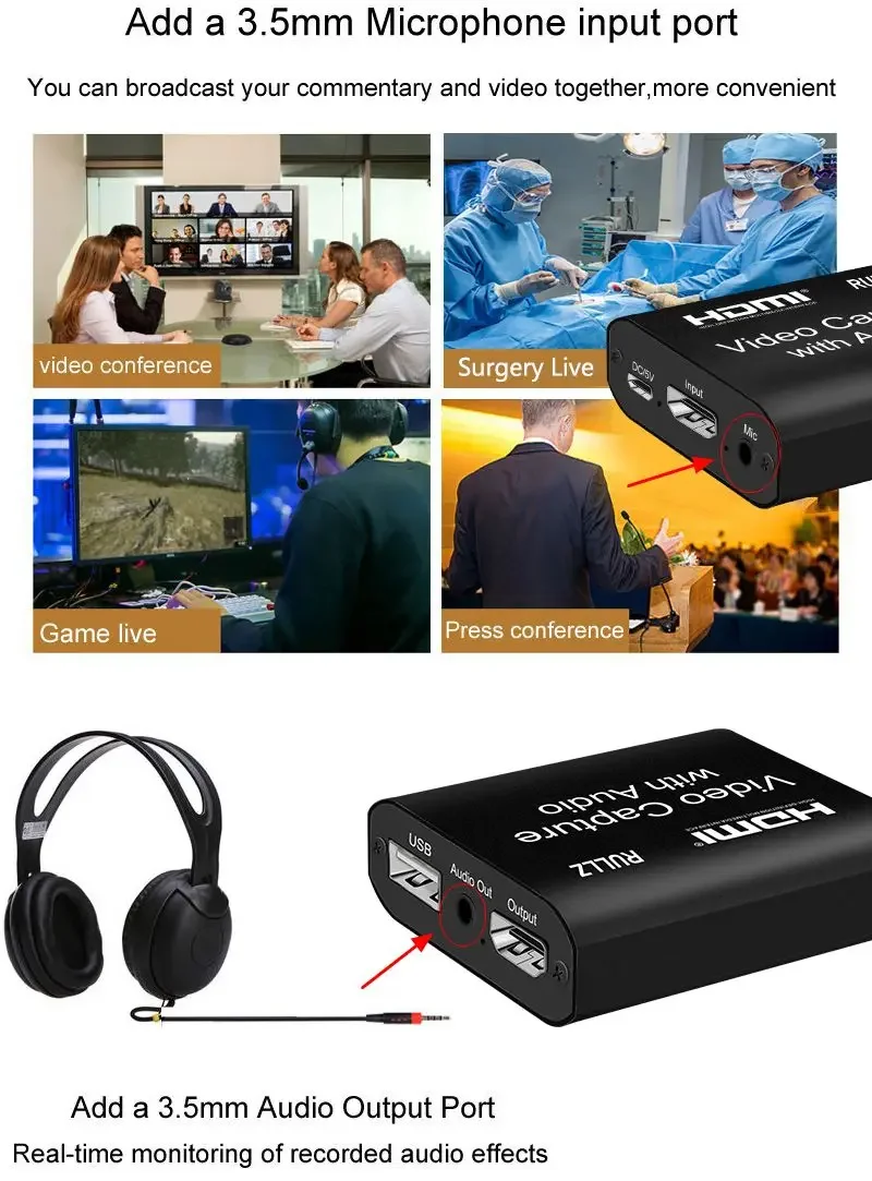 4K HDMI Zu USB 2,0 3,0 Loop Out Grafiken Erfassen Karte Video Aufnahme Box PC Spiel Live Streaming Video recorder Mic In Audio Out