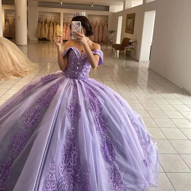 Purple Tulle Sequins Off The Shoulder Appliques Quinceanera Dresses