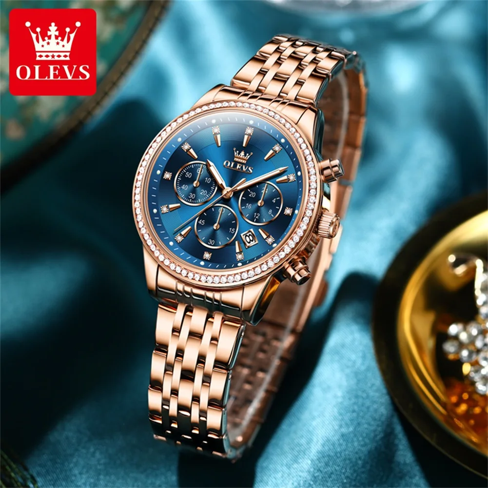 OLEVS Fashion Rose Gold Blue Quartz Watch for Women Luxury Stainless Steel Waterproof Luminous Chronograph Watches Womens