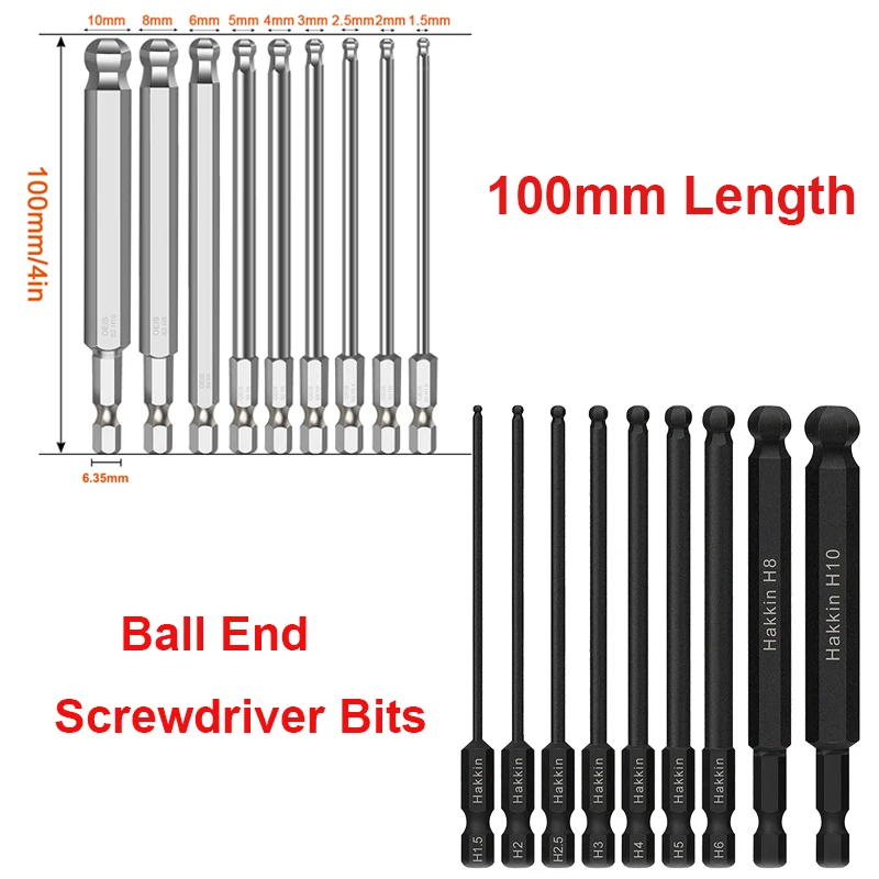 

9Pcs Ball End Allen Screwdriver Bits 100mm Length Metric Hex Bit Set Magnetic Tip Ball Head Hex Key Socket Driver Bit