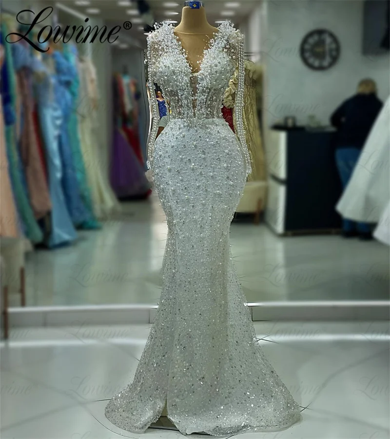 

White Beads Evening Dresses For Women 2023 Full Pearls Long Engagement Gowns Arabic Party Prom Dress Wedding Vestidos De Gala