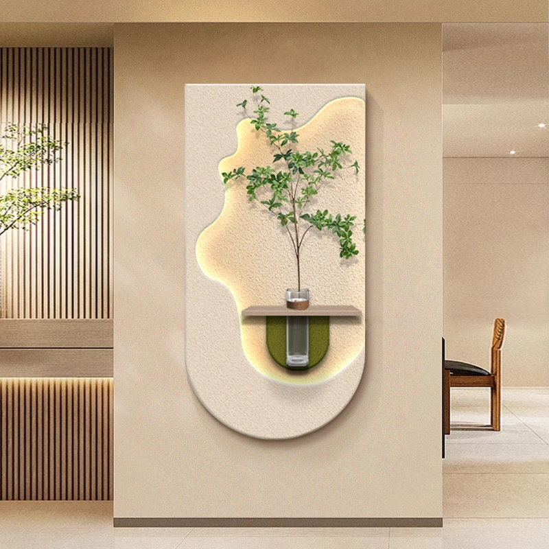 Modern Vertical Home Decor Mural Sandstone Textured LED Illuminated Panel with White Frame Vase Decorative Painting Technique 2