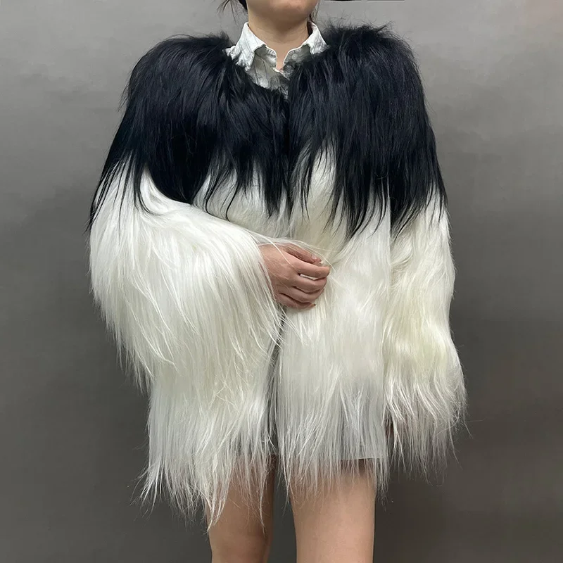 

Women's Winter Fur Coats Goat Wool Jacket Fashion Mixed Color Goats Hair Lady Luxury Outerwear S5747