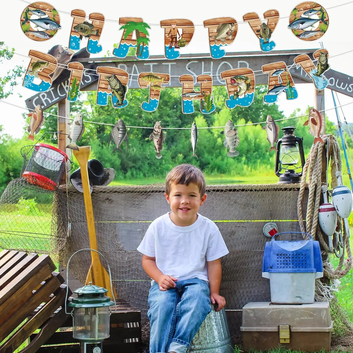 사라진 낚시 생일 축하 화환 배너 파티 장식, 소년 및 성인용 어부 배너 파티 용품
