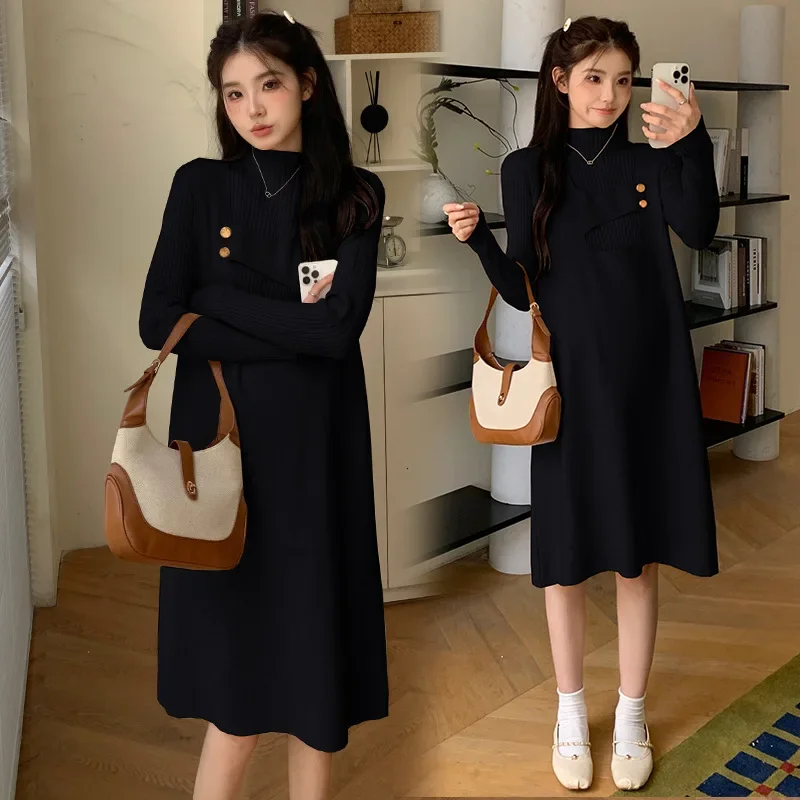 Fall Maternity Dress Elegant Solid Color Slimming Loose Two-Piece Set Maternity Gown Comfortable Breathable Soft Cotton