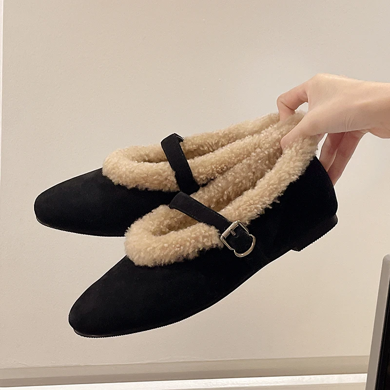 Aphixta Slip On Furry Woman Flat With Shoes Buckle Shallow Winter Warm Woman Shoes Fashion Flats Casual Mary Janes