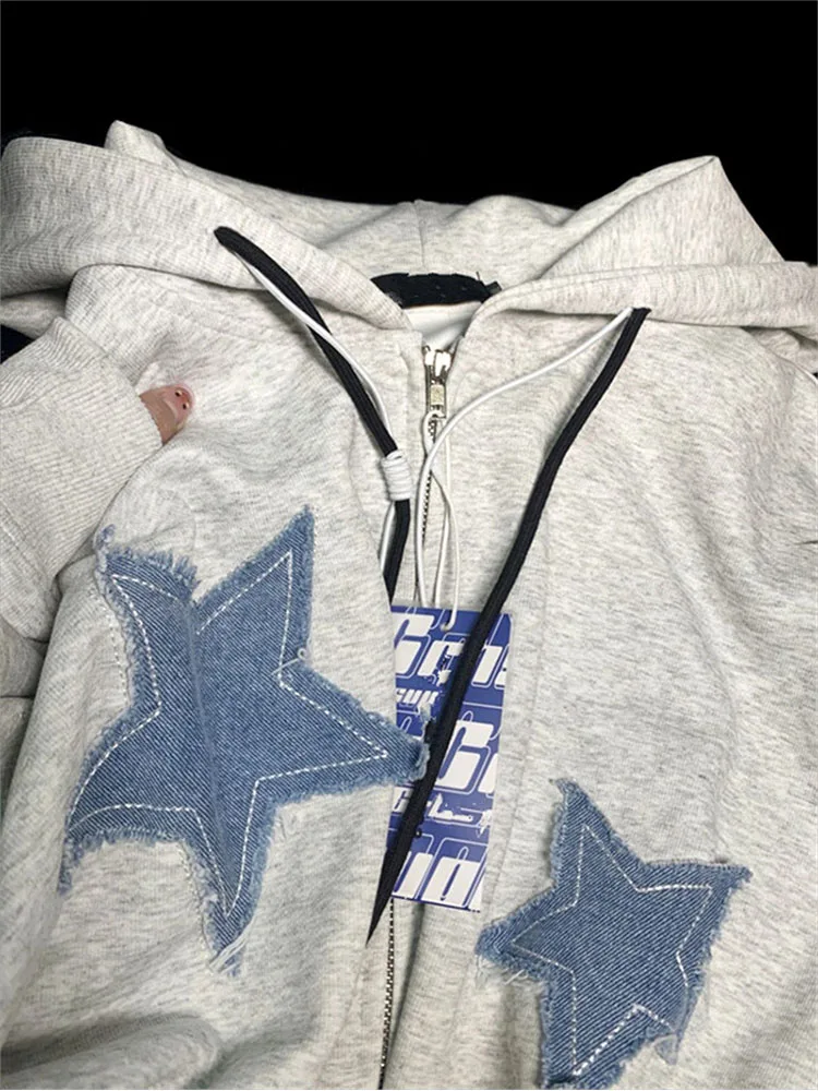 

Vintage Star Pattern Patchwork Hoodie Women Long Sleeve Zipper Jacket Harajuku Oversize Sweatshirt Streetwear Y2K Clothes 2022