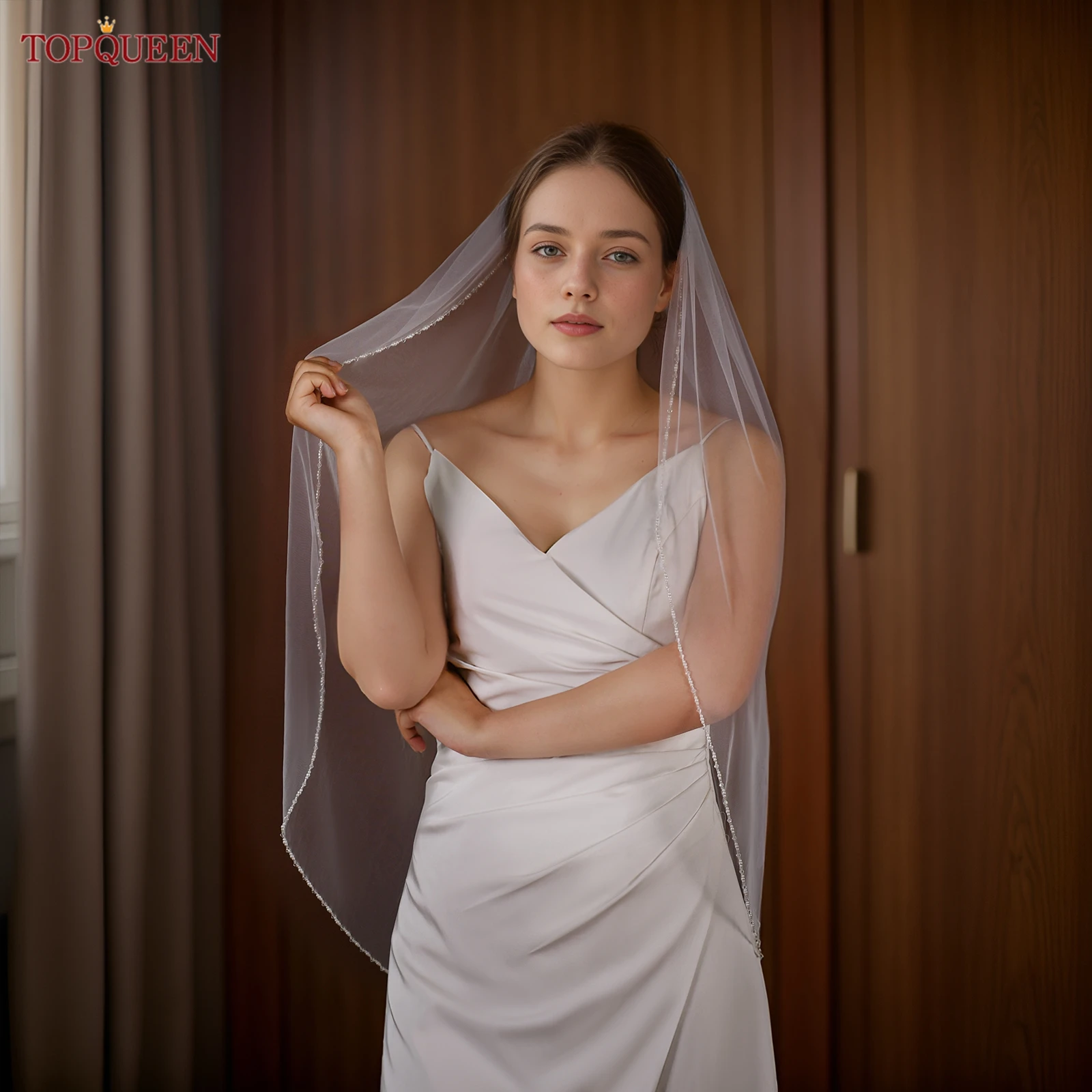 TOPQUEEN V107 Braut-Hochzeitsschleier mit Perlen, Kristallperlen, Kristallperlen, Brautschleier, Hochzeit, Kristallperlen, glänzend, anpassbar – Detail 15