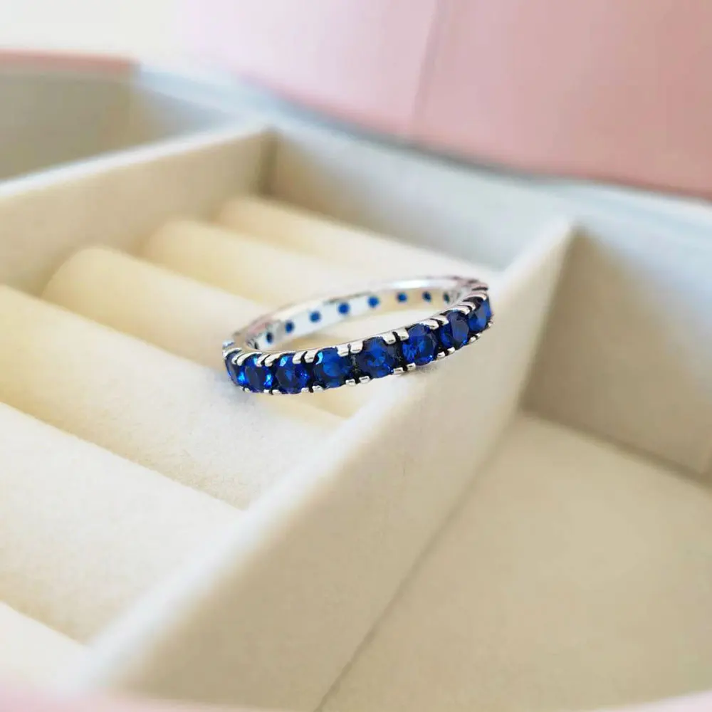925 Sterling Silver Sparkling Row Eternity Ring with Blue Cz Fashion Pandora Style Jewelry Ring For Women