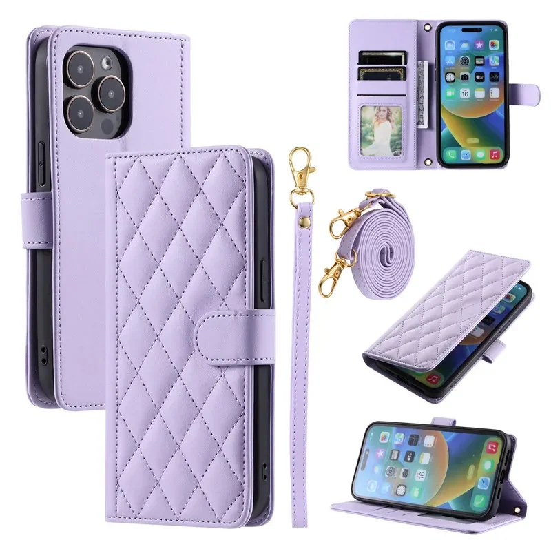 Leather Wallet Phone Case with Long Lanyard - Card Holder Cover