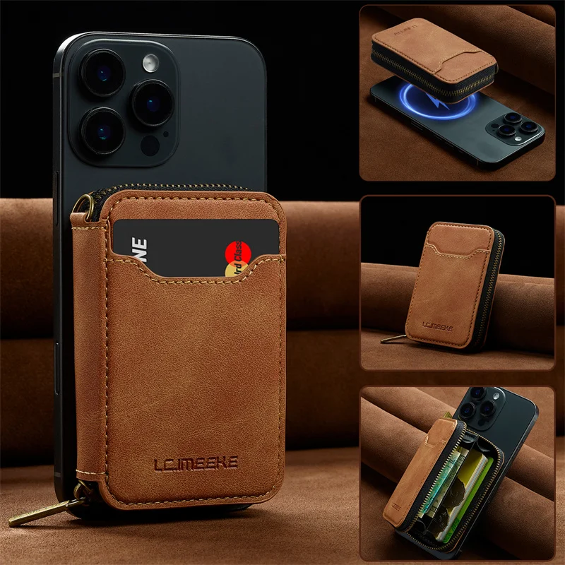 Luxurious MagSafe Magnetic Leather Flip Wallet Phone Case with Zipper Card Holder